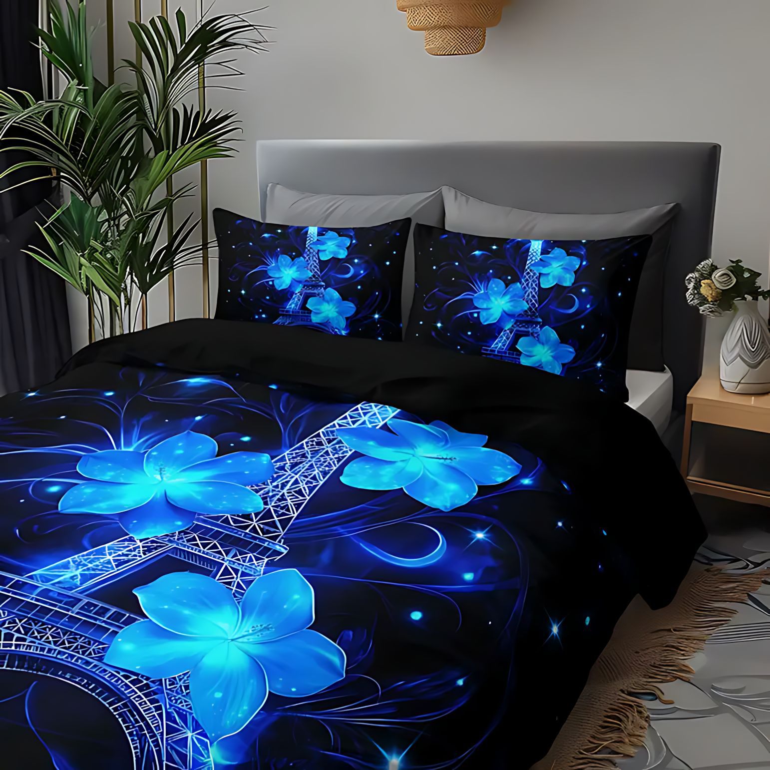 TEMU / JIT Transfronterizo Kit de edredón azul plateado flor torre Eiffel impresión digital HD ropa de cama