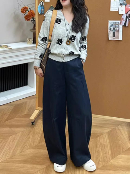 2025年秋装新款胖mm大码女休闲设计感松紧腰宽松气质显瘦阔腿裤|undefined