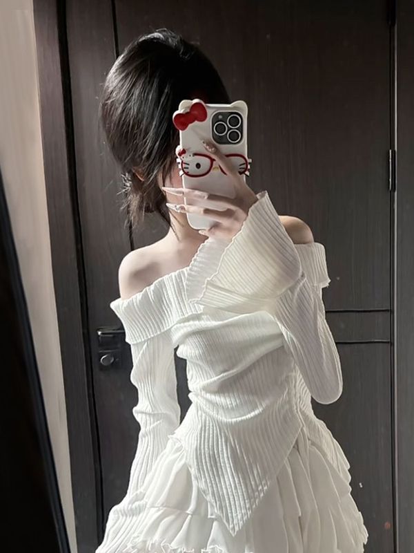 高冷白月光 秋装新款芭蕾风辣妹设计感一字肩上衣甜美风半裙套装|undefined