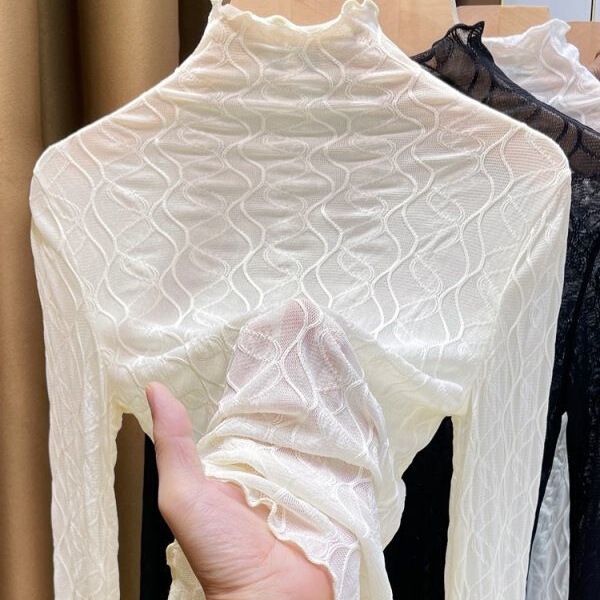 White Turtleneck Lace Bottoming Shirt for Women, Long-Sleeved Inner Gauze Shirt, Autumn and Winter New See-Through Thin Mesh Style Shirt