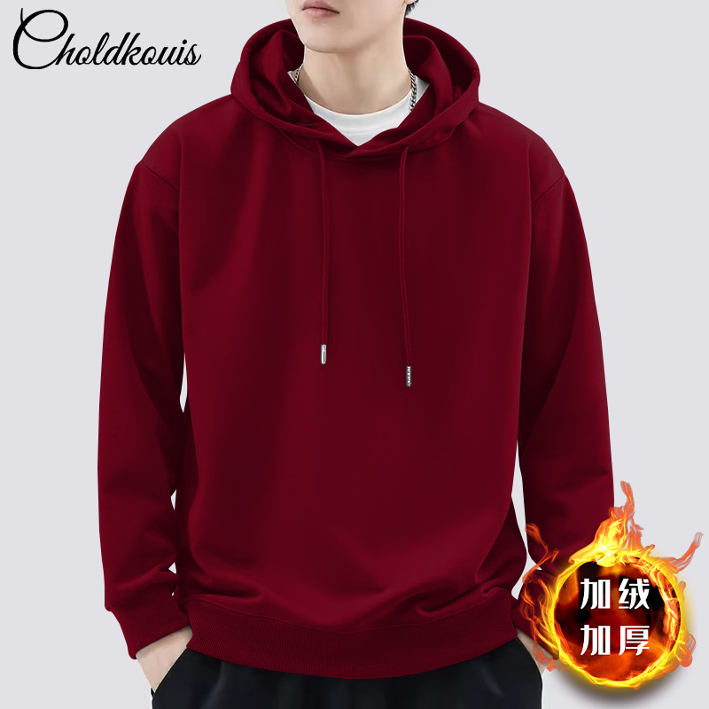 버건디 후드 스웨트셔츠 플러스 벨벳 스타일 - 솔리드 컬러 [GL]