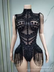 新款高端水钻性感银裸色气质短礼服女团舞台打歌服流苏拉丁舞服装
