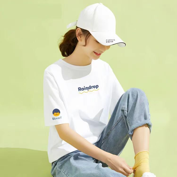 White Short-Sleeve T-Shirt for Women, 2026 New Summer Style, Pure Cotton, Regular Shoulder Fit, Loose Fit for Petite Women, Summer Top