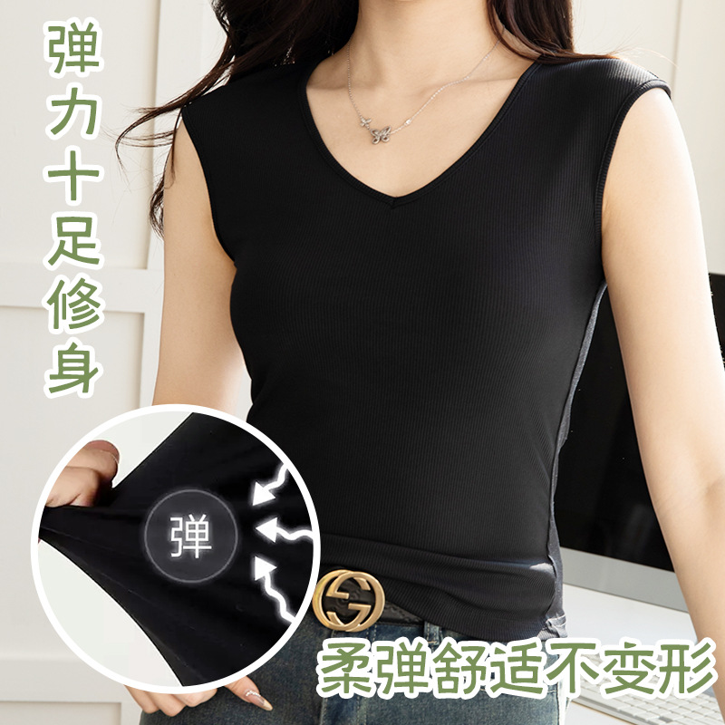 正肩背心T恤女夏季紧身外穿显瘦新款修身短款内搭少女V领无袖上衣