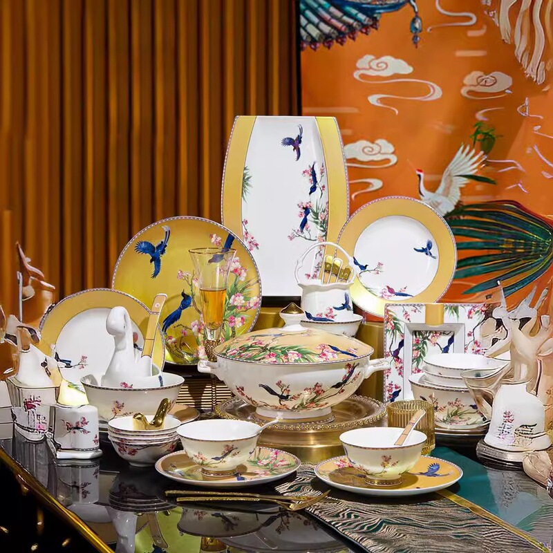 Jingdezhen High-End Bone China Tableware Set Bowls and Plates Wholesale Housewarming Wedding Gift Household Tableware Set