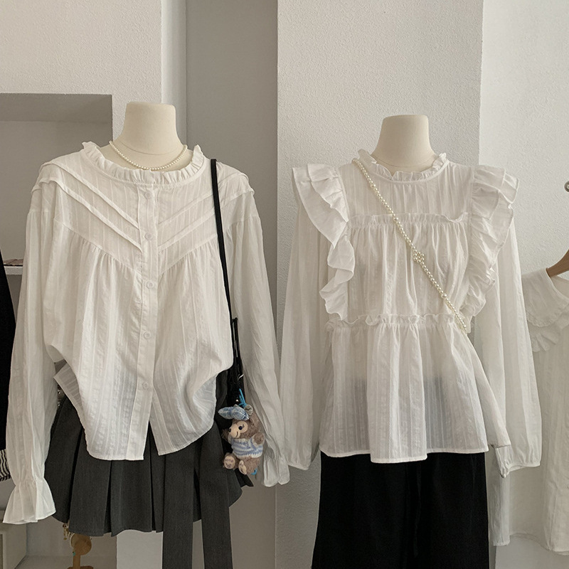 Omalai Double-Layer Doll Collar Spliced Lace Single-Breasted Long-Sleeved White Shirt Top Gentle Style 4540 Omalai Double-Layer Doll Collar Spliced Lace Single-Breasted Long-Sleeved White Shirt Top Gentle Style 4540