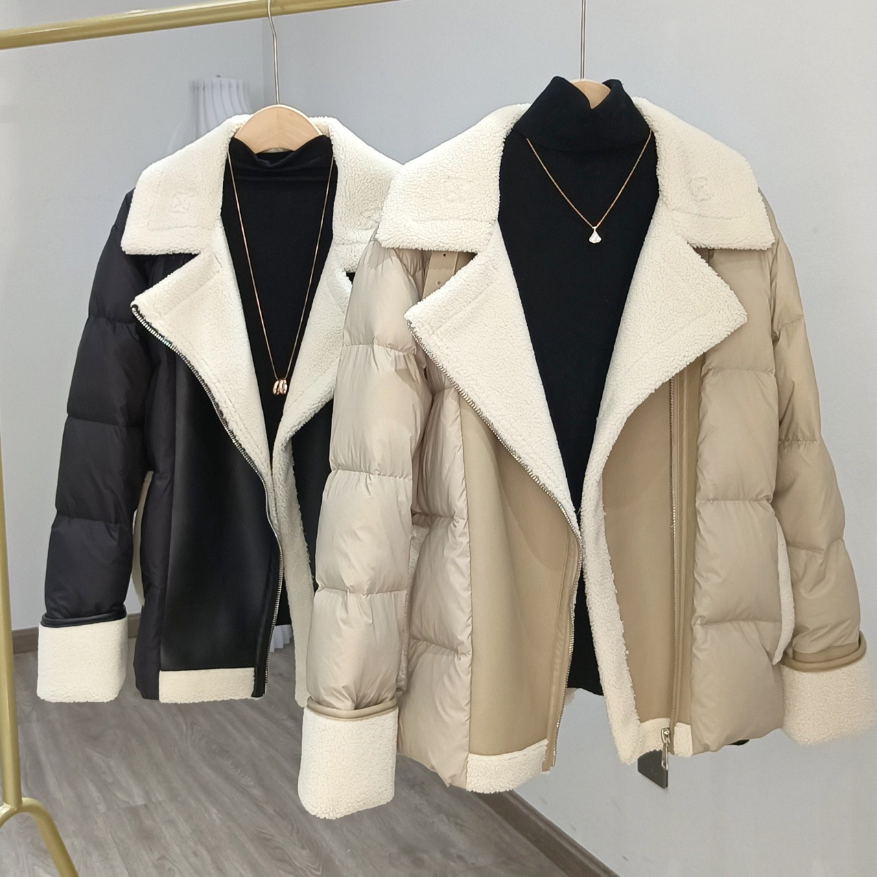 Damen Daunenmantel Im Motorradstil Mit Lammwolle Und Warmfutter_voghion.com