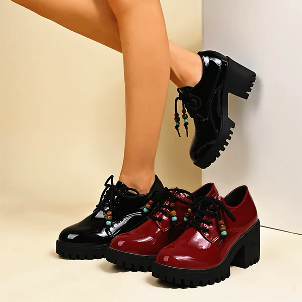High-Heeled Loafers for Women 2025 Spring and Autumn New Style Round Toe Lace-Up Chunky Heel Cross-Border Large Size Small Leather Shoes in Stock Wholesale