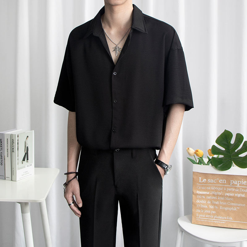 Ice Silk Short-Sleeved Shirt Men's Summer Thin Trendy Brand High-End Loose Black Gender-Neutral Casual Shirt