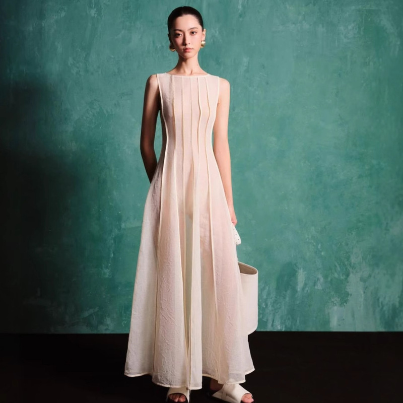 French Retro Long Breathable Line Split Sleeveless Waist Crewneck dress Vacation Casual Long Dress 2041