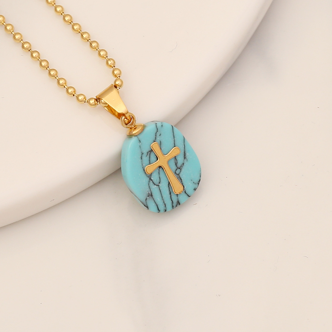 Retro Cross Stainless Steel Natural Stone Turquoise Pendant Necklace display picture 2