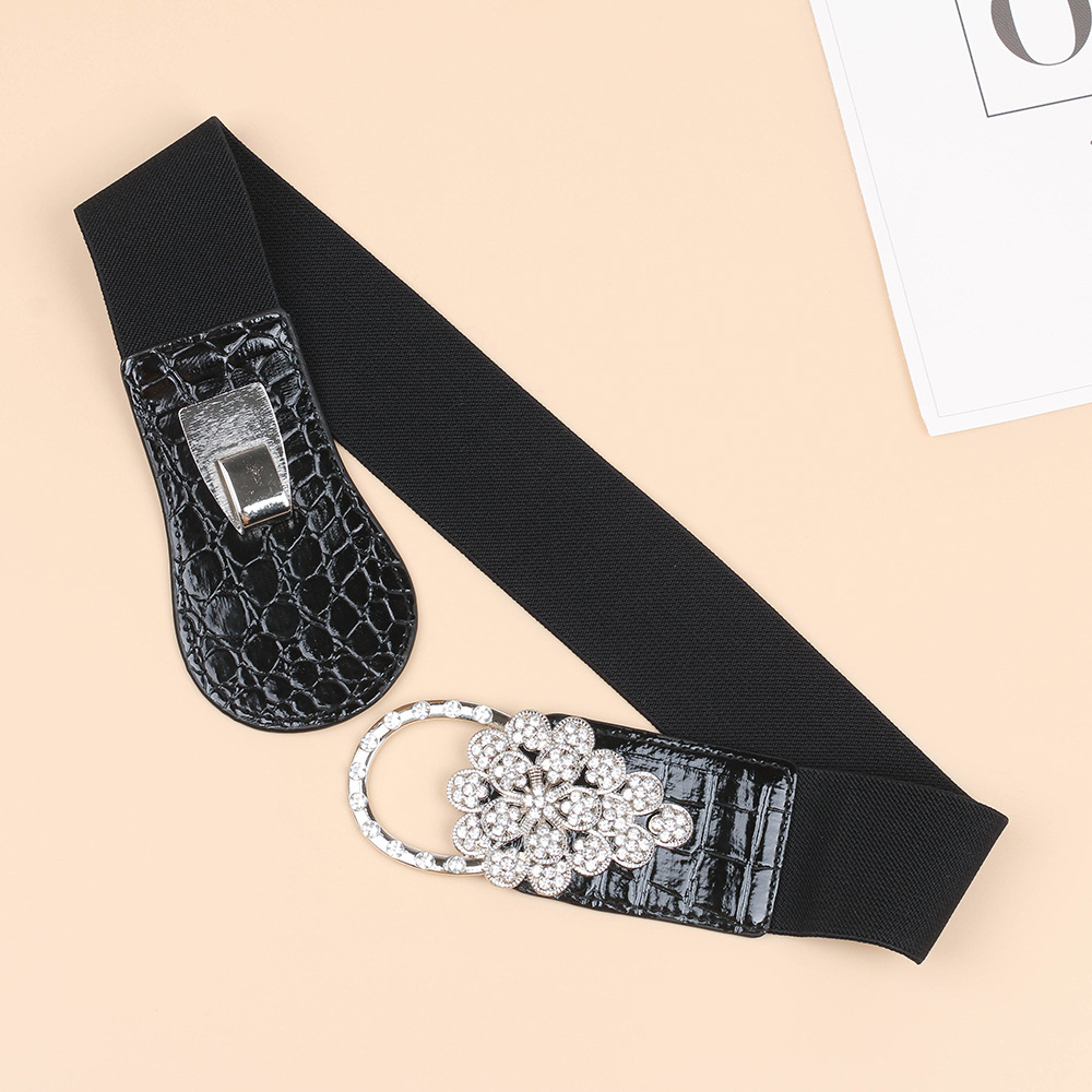 Cintura larga elastica nera alla moda da donna con decorazioni di diamanti, vestito, cappotto, chiusura in vita, strass, ragazza alla moda e paffuta_voghion.com