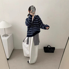 条纹撞色连帽毛衣外套女百搭休闲针织开衫秋冬外穿宽松慵懒风卫衣