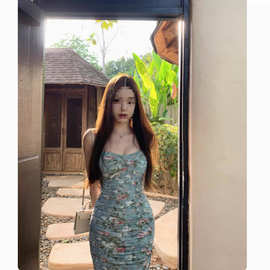 早安樊樊 开版定-做 自带胸垫碎花裙打揽紧身连衣裙女春度假吊带