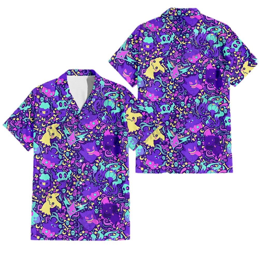 Colorido Pokémon Elf 3D Print Camisa de botones de solapa de manga corta casual suelta de verano para hombre