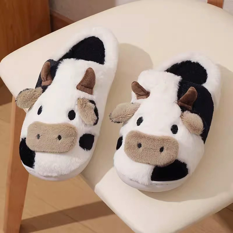 Zapatillas de casa cálidas de invierno, pantuflas de algodón antideslizantes para interiores para hombres y mujeres con cubierta de talón, zapatos de algodón de felpa de vaca pequeña