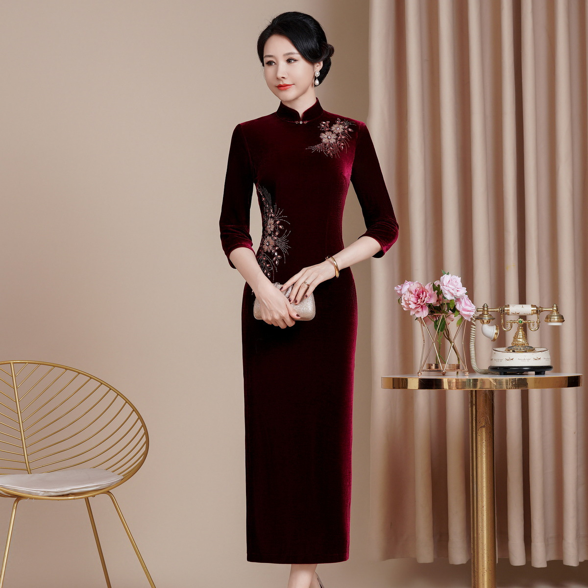 鸿韵绣新款修身改良版丝绒旗袍女结婚喜婆婆喜妈妈敬酒服长款复古