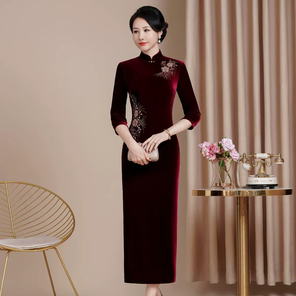 鸿韵绣新款修身改良版丝绒旗袍女喜结婚婆婆喜妈妈敬酒服长款中袖