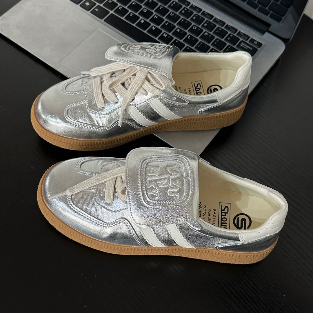 首谷SHOUGU正品女鞋银色长舌复古防滑德训鞋真皮平修脚显瘦板鞋潮