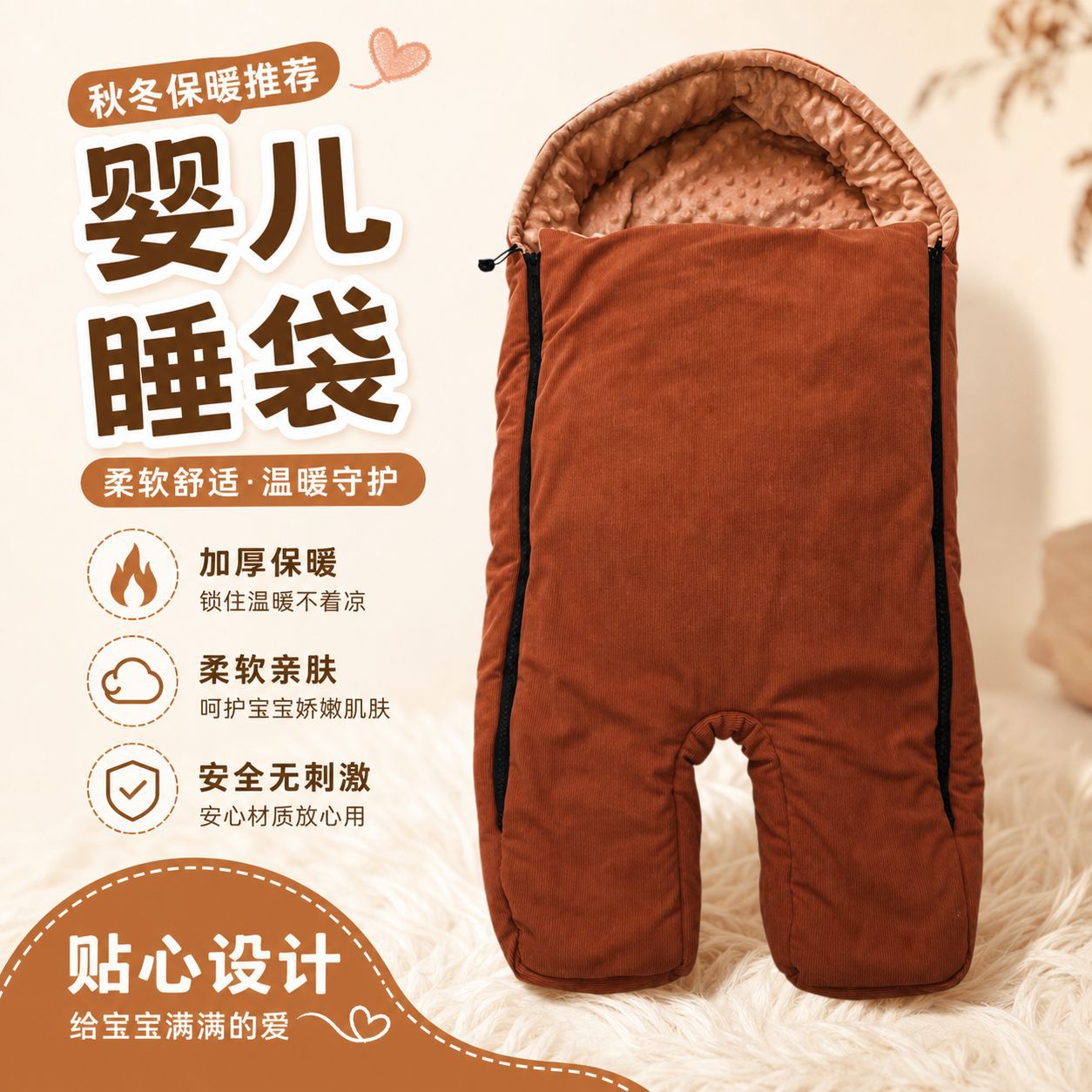 Autumn and winter hooded baby sleeping bag with corduroy and fleece lining, split-leg design, anti-kick blanket for newborns, suitable for outdoor use