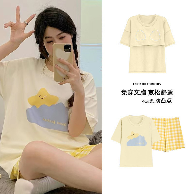 睡衣女夏季短袖套甜美带胸垫韩版卡通学生休闲宽松大码宿舍家居服|undefined