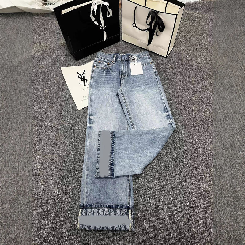 Shenzhen Nanyou High-End Women's Clothing Cd with Full Logo Print, Washed Denim Blue Versatile High-Waisted Straight-Leg Slimming Jeans