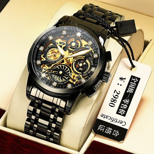  Ruizhiyuan Skeleton Watch Men's Steel Strap Quartz Luminous Waterproof Trend Non-Mechanical Cross-Border