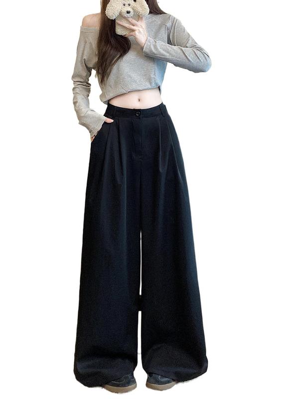 黑色休闲裤女2025垂感高腰早秋季显瘦宽松阔腿裤复古卡其色长裤子|undefined