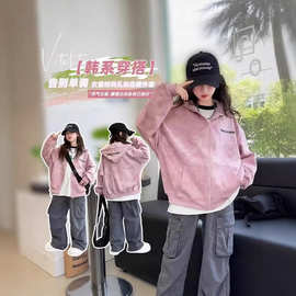 儿童女童外套新款秋装中大儿童洋气连帽卫衣女孩春秋款扎染上衣潮