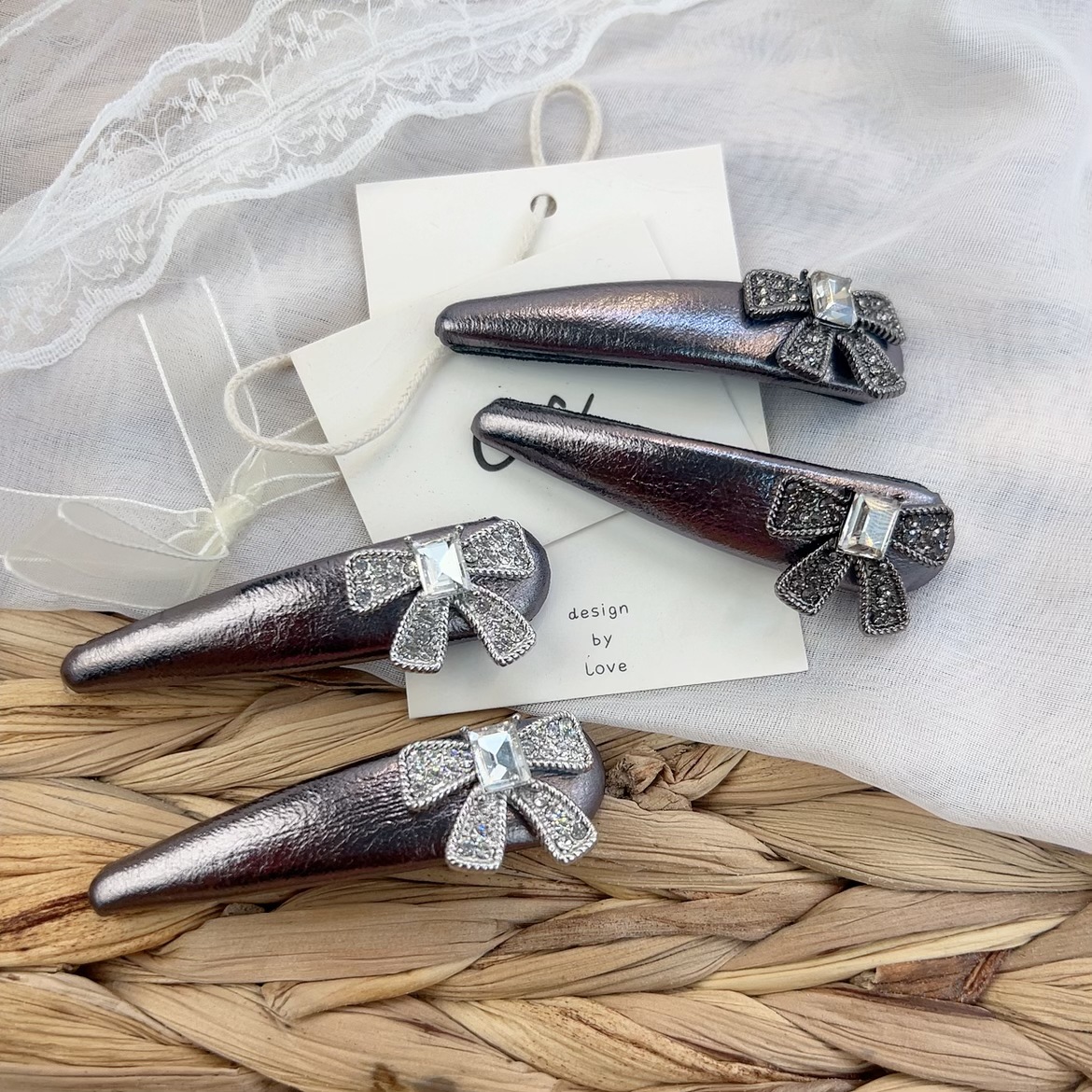 韓版新款槍灰色高級感水鑽蝴蝶結髮夾BB夾輕奢高級感鴨嘴夾髮飾女