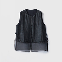 真丝香云纱龟纹欧根纱拼接马甲女100桑蚕丝中长款无袖上衣夏