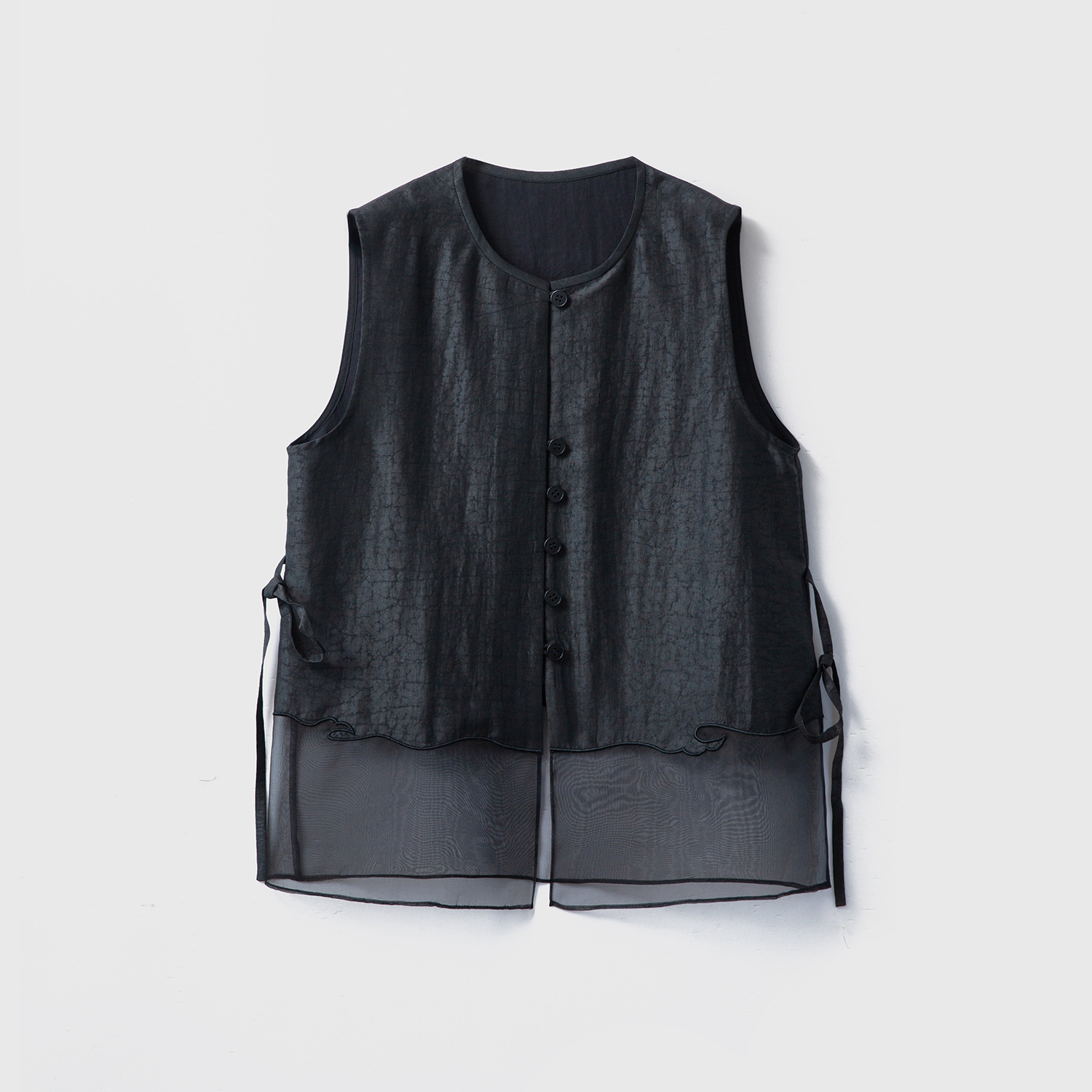 真丝香云纱龟纹欧根纱拼接马甲女100桑蚕丝中长款无袖上衣夏