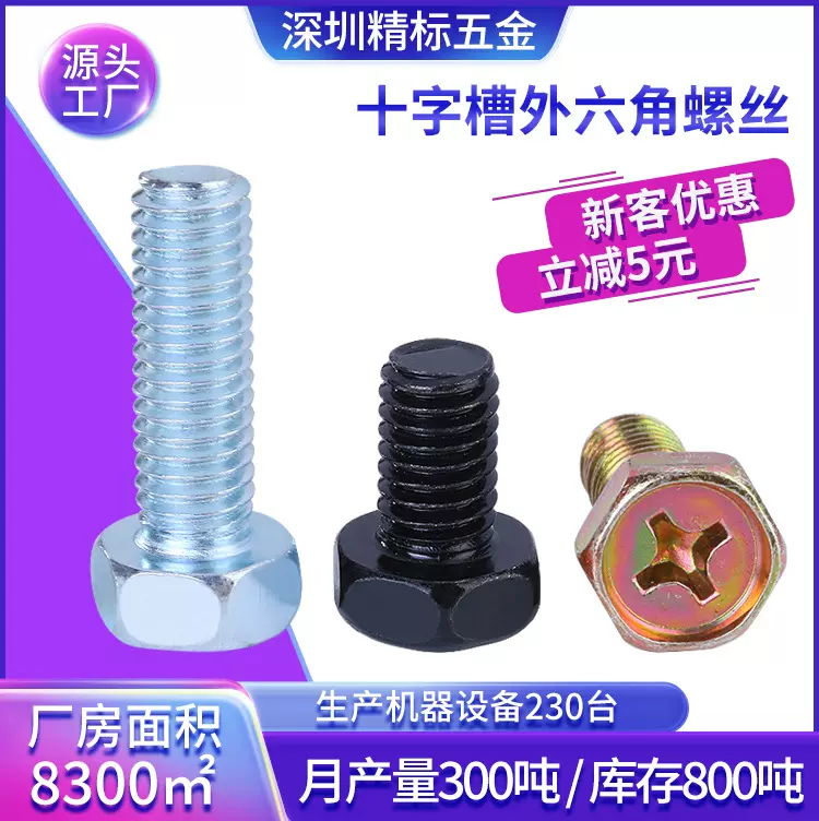 源头工厂HM十字槽凹穴六角头螺丝镀锌m3/m4/m5/m6外六角螺丝钉