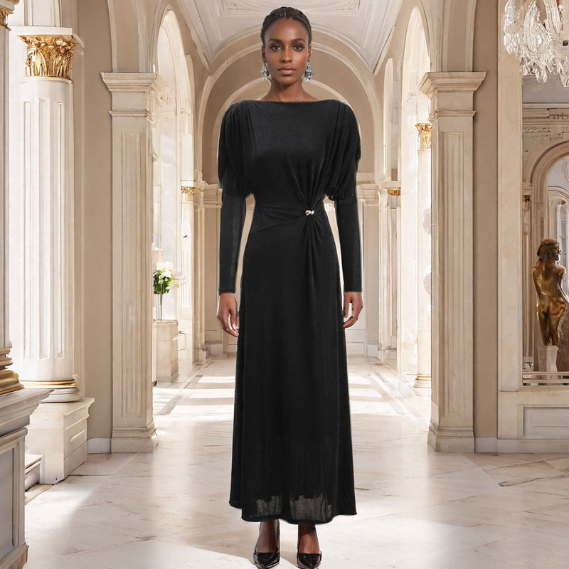 Women's in stock One-character Collar Backless Long Black Dress Vietnamese Niche Design Slim-fit Stretch dress