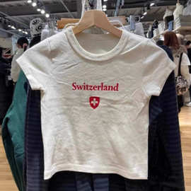 BM风瑞士红字母印花棉短袖t恤女 bm高腰露脐短款修身辣妹纯欲上衣