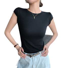 螺纹圆领短袖t恤女春夏季修身打底衫百搭显瘦拼接小飞袖上衣