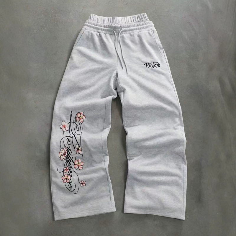 Men's Gray Winter Streetwear Urban Casual Loose Straight-Leg Sweatpants, Double Waistband with Fluffy Plum Blossom Print Men's Gray Winter Streetwear Urban Casual Loose Straight-Leg Sweatpants, Double Waistband with Fluffy Plum Blossom Print