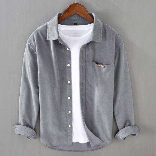 Japanese flannel long-sleeved shirt for men, suitable for spring and autumn, solid color striped flannel shirt for men, casual top clothing, outerwear, trendy