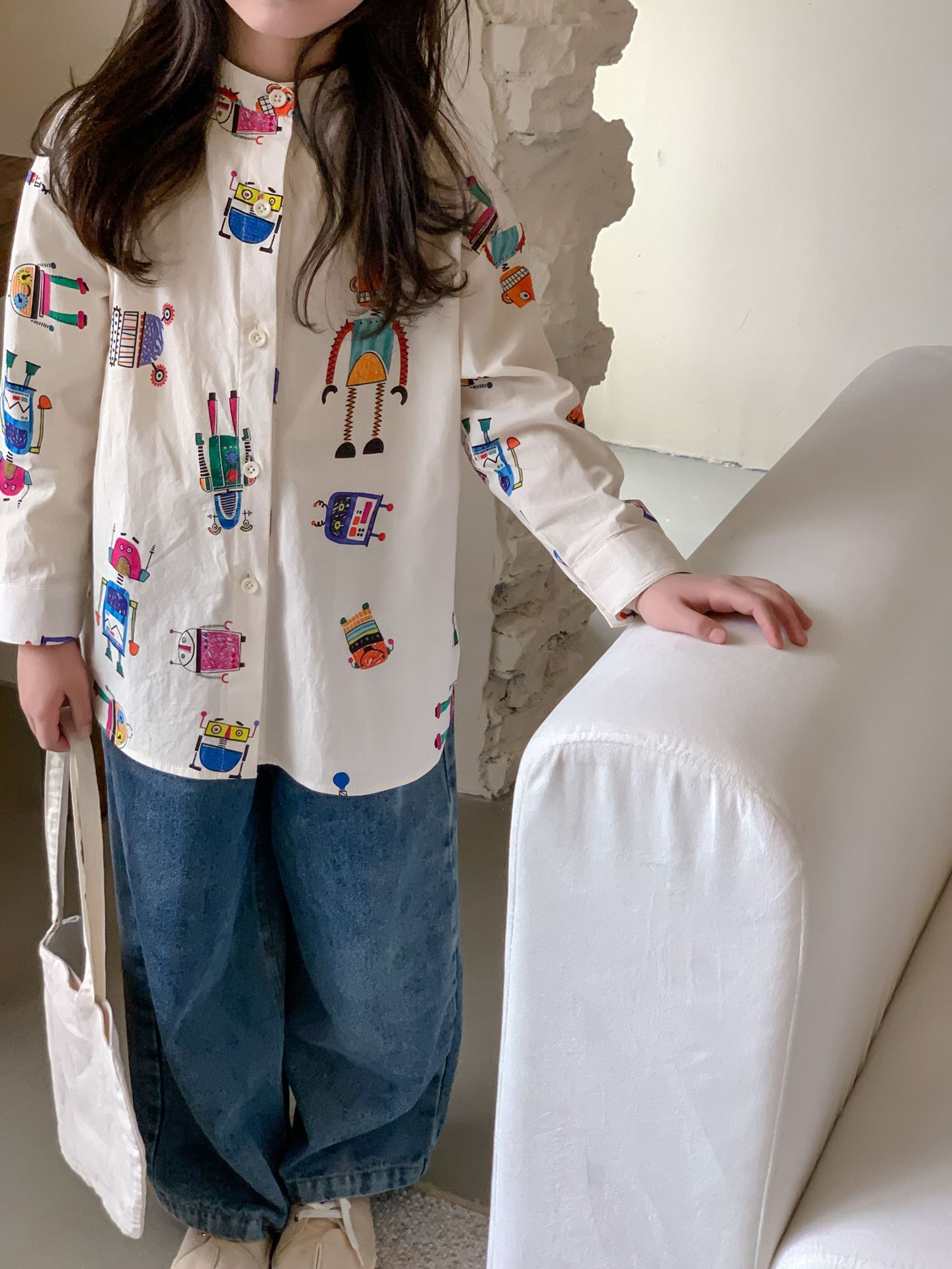 Camisa de graffiti divertida para niños collar de pie para Niñas Ropa para niños 2024 primavera bebé niña de dibujos animados impresa camisa de manga larga ropa de diseño