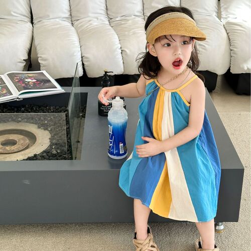 Girls' Color-Block Suspender Dress, Princess Style, 24 Summer Collection — New Arrival, OEM Kids' Clothing Dropshipping, Available for Ages 3–8