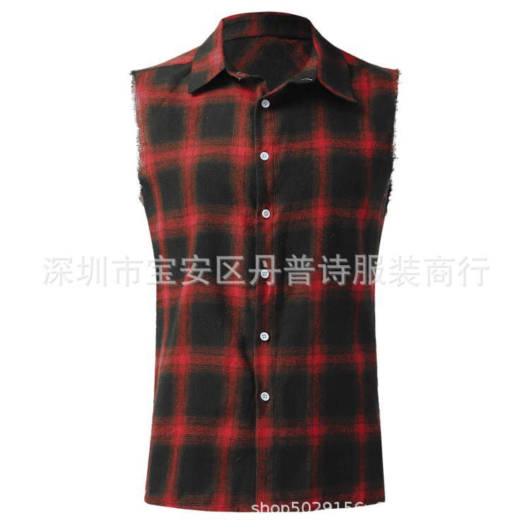 Amazon Summer New Men's Fashion Plaid Sleeveless Vest Shirt Red and Black Fit Men's Summer Factory