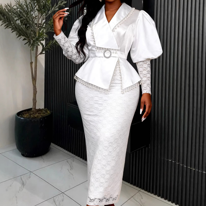 Banquet Satin Dress with Lace Accents, Mesh Puff Sleeves, Bodycon Fit, Waist-Cinching, and Tassel Details