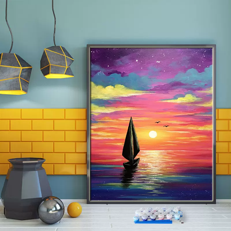 跨境代发DIY数字油画海边日出日落手工填色装饰挂画批发厂家直销
