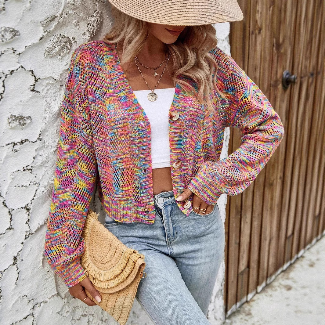 Spring and Autumn French Colorful Chic Retro Cardigan Versatile Atmosphere Good-Looking Knitted Sweater for Women