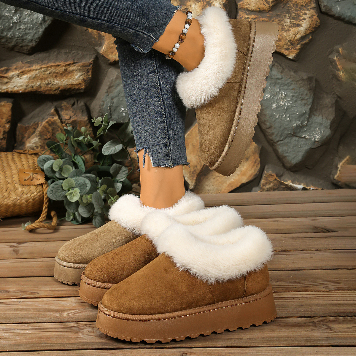 Foreign Trade Large Size 2025 Autumn and Winter New Cross-Border Plush Flip-Up Thick-Soled Snow Boots Slip-On Warm Snow Boots for Women