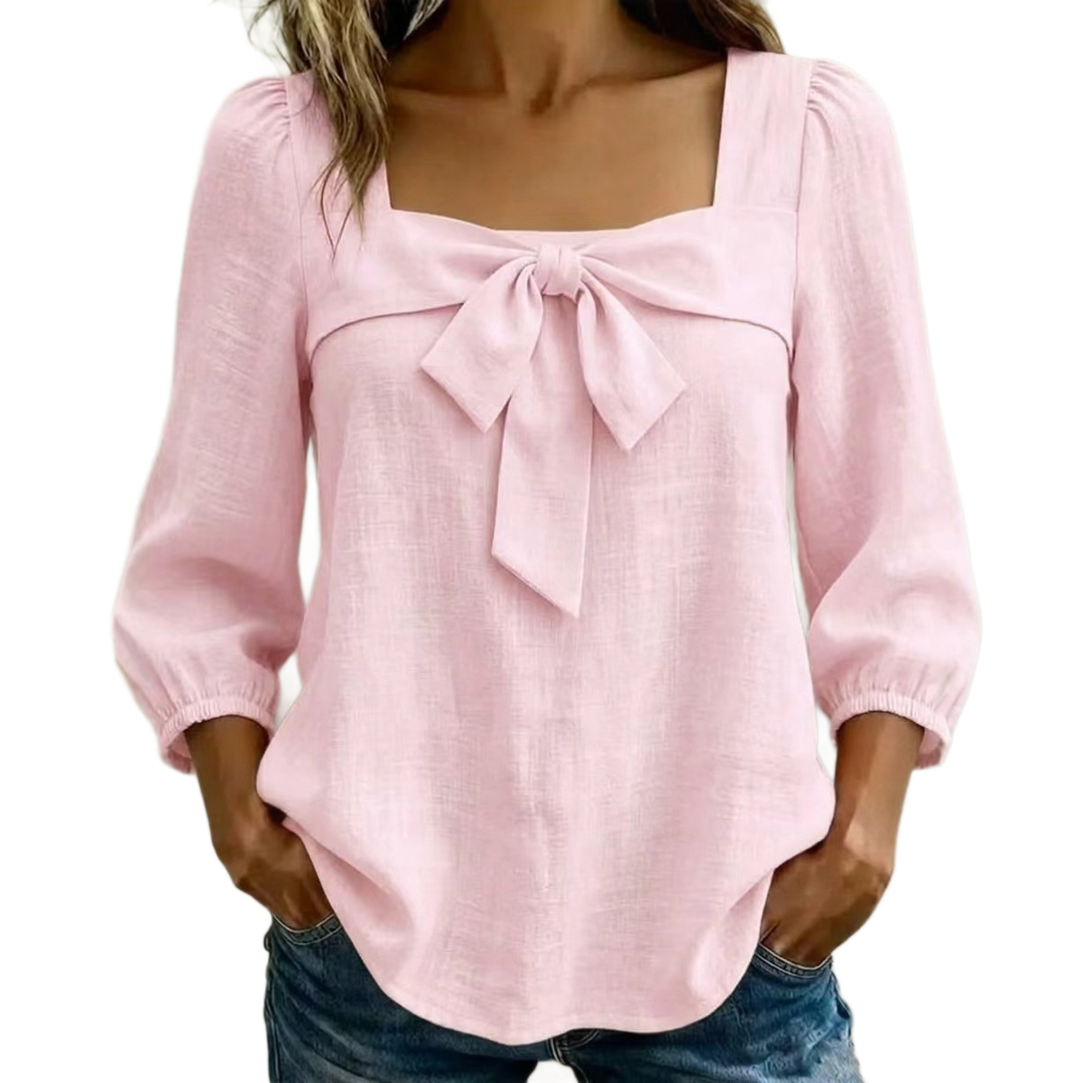 Women's Clothing Women's Style Square Neck Blouse Bow Tie Top Puff Sleeves Three Quarter Length Elegant Outfit_ecoleips.com
