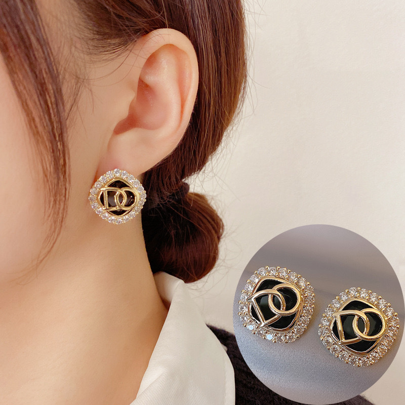 新款韩版银针镶满钻DO字母方形耳环女网红时尚简约气质冷淡风耳钉