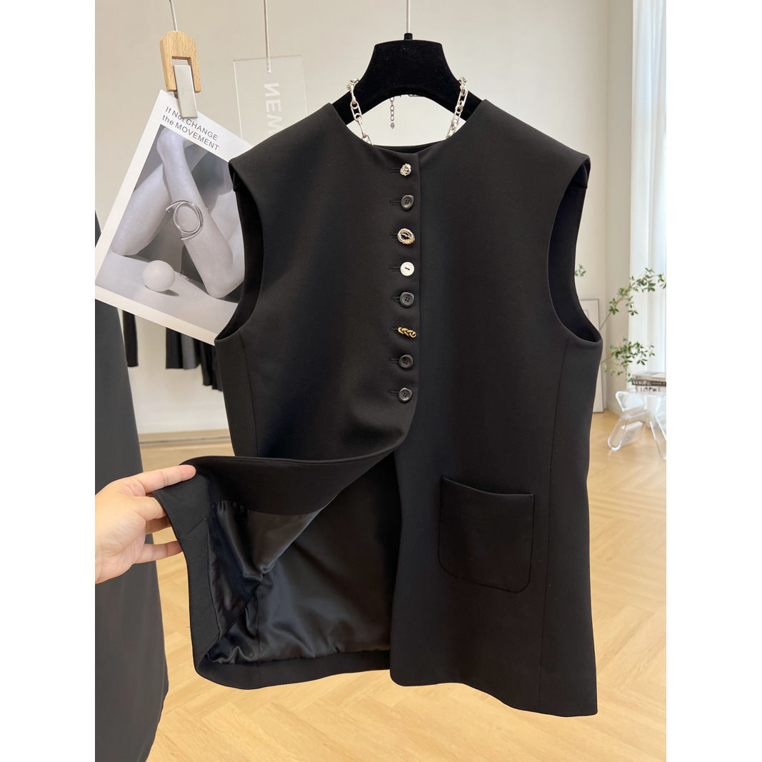 Europea único elegante desgaste exterior cuello redondo traje chaleco mujeres primavera y otoño diseño chaleco sin mangas