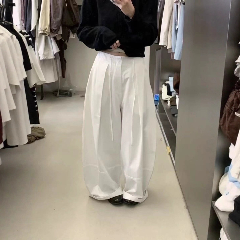 韩系高腰压褶设计感阔腿休闲裤女2025秋季宽松遮垮显瘦直筒长裤子|undefined