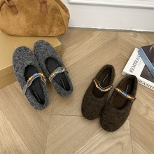229-6~平底法式复古玛丽珍毛毛鞋女鞋子2025年秋冬新款加绒棉单鞋